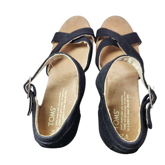 TOMS Women's Clarissa Black Canvas Cork Wedge Sandals Size 7.5 Ankle Strap Heels - Picture 10 of 14